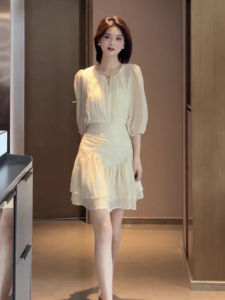 Elegant French Style White Fairy Tale Dress Summer High Waist A-Line Skirt Korean Version Commute Pure Color Invisible Zipper