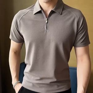 Kaos Polo Shirt Pria Kerah Knit Zipper slimfit Lengan Pendek dewasa Bahan Premium coklat polos