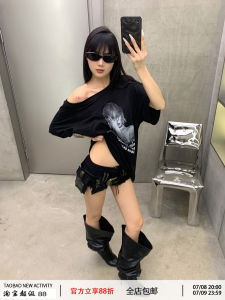 Summer Loose Short Sleeve T-Shirt Womens Creative Print Retro American Style Hot Girl Shoulder Print Top Casual Commute Style