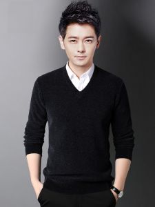 ROMON | Romon Mens Knitted Sweater Slim Fit Thickened Warm V-neck Black Casual Long Sleeve Winter Fashion City Style Polyester Fiber