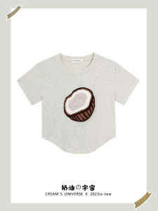 เสื้อยืดแขนสั้นผู้หญิง ทรงเข้ารูป ทรงหลวม คอตั้ง ลายการ์ตูน ผ้าฝ้ายผสมยางยืด ทรงเข้ารูป ฤดูร้อน 2023