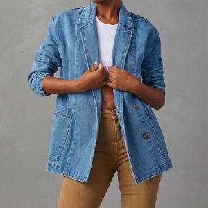 Denim Suit Jacket European and American Womens Clothing Spring Fashion Leisure Washed-out Blue Denim Suit Outwear