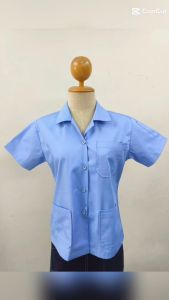 เสื้อช็อปหญิง สีฟ้า สีขาว เสื้อกาวน์สั้น เสื้อกาวน์คอปก ไม่มีโลโก้ ผ้าค้อตต้อน ไม่ร้อนจากโรงงานในไทย