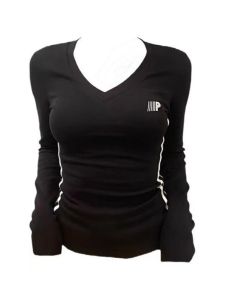 Slim Fit Long Sleeve V-Neck T-Shirt Womens Tight Inner Wear Base Shirt Shoulder Width Regular Cotton Polyester Blend Autumn Top