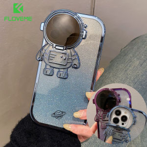 FLOVEME Individual Astronaut Camera Holder Plating Phone Case For iPhone 11 12 13 14 15 Pro Max 14 15 Plus XR Gradient Glitter Soft Bumper Shockproof Back Cover