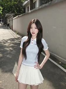 SHUQINGLAI | Polo Collar Knitted Short Sleeve Fitting Slim Summer T-shirt
