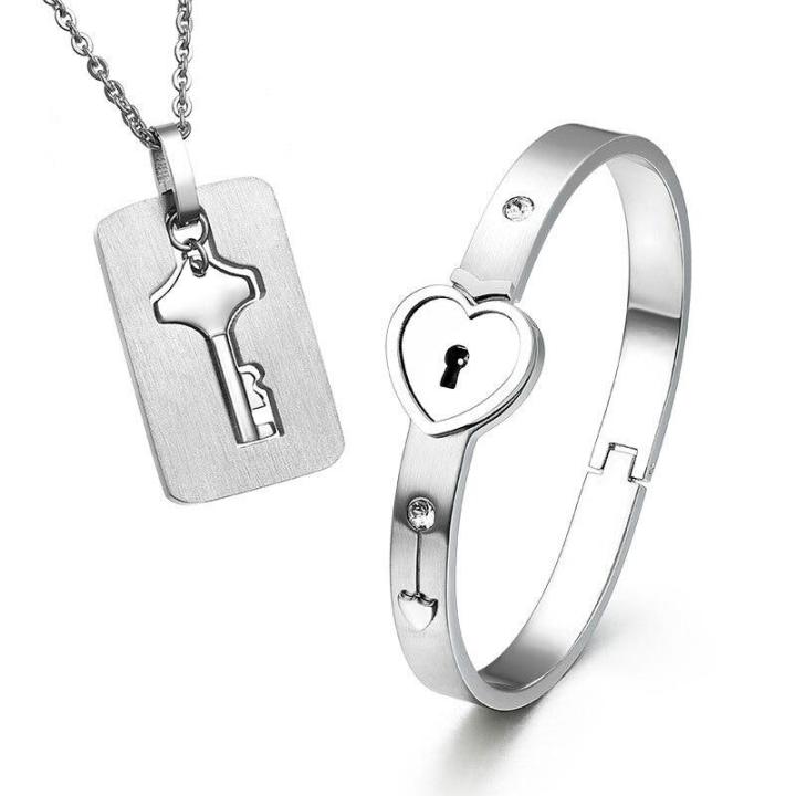 2Pcs/Set Stainless Steel Love Heart Lock Bracelet Key Pendant Necklace  Personality Creative A Couple Jewelry Sets Gifts Lazada PH