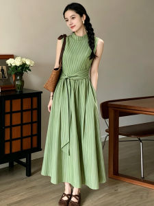 QINWEIYU | Đầm Không Tay Buộc Dây Ép eo Có Sọc Xanh