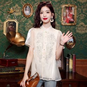Elegant Chinese Style Short Sleeve Embroidered Shirt Women Summer 2025 New Design Glittering Fairylike Top Commute Loose Fit