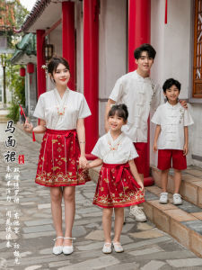 ชุดกันหนาวแบบจีนใหม่สำหรับครอบครัว ชุดสามส่วน ชุดฮันฟู ชุดจีนโบราณ สีแดง กระโปรงทรงม้า ชุดสามส่วน ชุดกันหนาวสำหรับครอบครัว