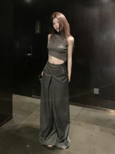 Quần Ống Rộng Cạp Cao Rộng Rãi Cho Nữ Mùa Hè Dài Đến Mắt Cá Chân Quần Ống Rộng Thoải Mái Màu Xám Quần Tây Phong Cách Công Sở