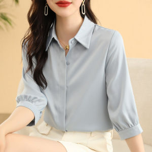 Acetate Satin Womens Shirt Summer Three-Quarter Sleeve Formal Interview Top Light M Mature Professional Fashionable Sleeve Shirt