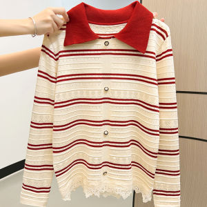 Christmas New Year Polo Neck Striped Knitwear Lace Sweater Casual Style Regular Fit Medium Softness Long Sleeve Womens Top