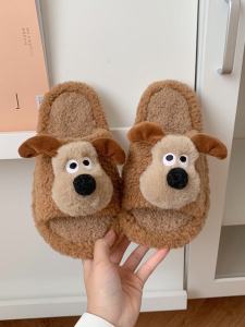 Warm Anti-slip Indoor Home Plush Slippers Winter Fun Cute Dog Cartoon Cotton Slippers Women Low Heel Flat Bottom PVC Outsole
