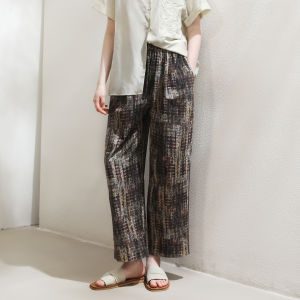 Miccbeirn | Silk Cotton Wide Leg Pants High Waist Straight Cut Casual Long Trousers Womens Loose Fit Comfortable Vintage Style Trousers