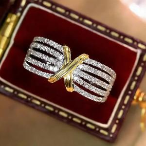 Huitan Knot Design Two Tone Ring for Women Cross Inlaid Bright Cubic Zirconia Fashion Wedding Party Accessories Elegant Jewelry