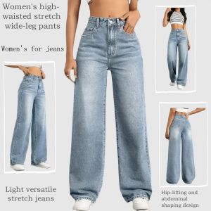 Classic Blue Y2K Jeans for Women Straight Leg Stretchy Denim Trousers Simple Design Retro Style Elastic Waist