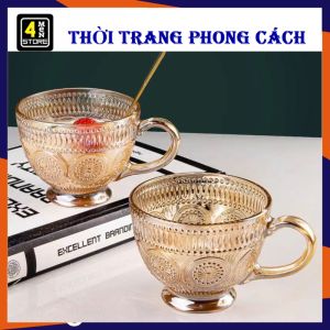 Cốc Thuỷ Tinh Thiết Kế Hoa Văn Sang Trọng Có Quai Cầm Chắc Chắn - Ly Thủy Tinh Uống Cà Phê  Trà - Cốc Ăn Ngũ Cốc  Sữa Chua Thủy Tinh 400ML