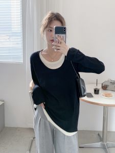 Maternity T-Shirt Knitted Loose Long Sleeve round Neck Inner Wear Fake Two-Piece Black Cotton Korean Style Organic Cotton