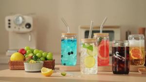 1/4PCS Glass Cup With Bamboo Lids and Glass Straw Cleaning Brush 400ML Beer Can Shaped Tumbler Cup for Cocktail Iced Coffee Cups