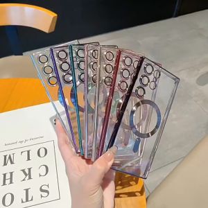 With Lens Films Magnetic Magsafe Electroplating Soft Phone Case For Samsung Galaxy S25 S24 FE S23 S22 S21 Note 20 Ultra + A05 A05S A06 A07 A14 A15 A16 A17 A24 A25 A26 A34 A36 A35 A54 A55 A56 5G Wireless Charging Transparent Anti-fall Phone Casing Cover