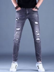 Mens Slim Fit Jeans Casual Wear Youth Trendy Hole Punching Elastic Long Trousers Spring Summer High End Fashionable Jeans
