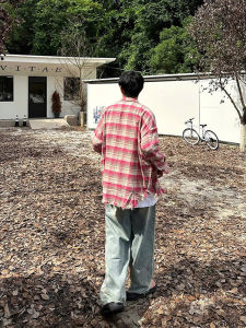 Red Gingham Shirt Mens Autumn American Retro Trendy Plaid Long Sleeves Shirt Fancy Baroque Outwear