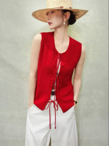 SUSHE | Long-staple Cotton Striped Hollow Loose Sleeveless Vest Knitwear Red Summer