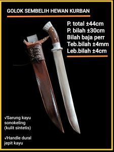 Golok / pisau  sembelih hewan kurban pj.±44cm bahan baja per super tajam siap pakai  handle jepit kayu sonokeling yang sangat kuat  dan anti copot karena sudah fulltang
