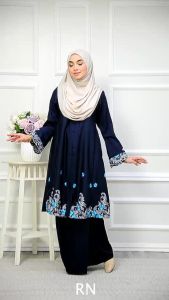 Baju Kebarung Riau Kebaya Moden Labuh Muslimah Tijani Sulam Nursing Friendly Size S-3XL Cutting Longgar Ironless Baju Raya 2023
