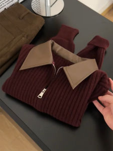 QINGNAER | Wine Red Faux Two-piece Splicing Ribbed Double Zipper Cardigan Sweater Outerwear
