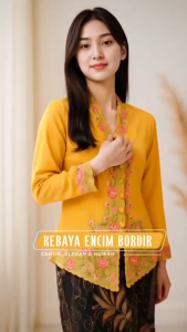 Kebaya (ENCIM) Bordir Renda Warna Motif Bunga Modern Jumbo Kombinasi Lengan Panjang Bahan Katun Premium Size S-4L