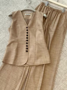 PAIBOLI | Large Size Linen Cotton Blend Brown Suit Vest Set Elegant Small Fragrance Style Two Piece Fashionable Summer Outfit For Women