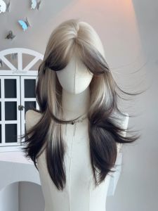 KuKu Princess Long Hair Gradient Gold to Black Full Head Wig Womens Siamese Cat Style Cosplay Anime Synthetic Hair Wig