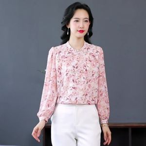 AMMIN 2025 Spring and Autumn new simple stand collar long sleeve commuter chiffon shirt womans Korean version fashion sweet floral print sleeve large size elegant blouse