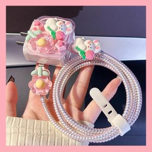 Cute Pink Flower Rabbit Charger Protector for iPhone Charger 18/20W USB C Casing for Charger Plug USB Cable Spring Line Wrap Protector Data Line Cord Organize Winding Wire Tie Soft TPU Cover for Android Type-C