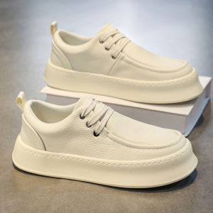 Mens Casual Leather Shoes Spring Autumn Seasonal Wear-Resistant Increased Height Soft Bottom Fashionable White Sneakers