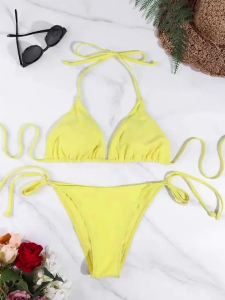 Bộ Bikini Hai Mảnh Liền Thân Màu Trơn Gợi Cảm Dành Cho Nữ Kiểu Dây Buộc Hông Dây Chéo Dây Điều Chỉnh Kiểu Brazil Dùng Cho Đi Biển