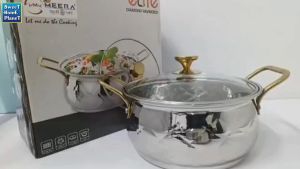Stainless Steel 3L Cooking and Serving Pot with Glass Induction & Gas Compatible Golden Coated Handles