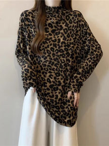 Fashionable Leopard Print Long Sleeve Mid-Length Half High Collar Womens T-shirt plus Size Autumn New Style Base Shirt Top