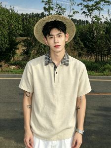 OUMULONG | Vintage Style Linen Short Sleeve Polo Shirt