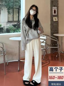 High Waist Fleece Lined Wide Leg Pants Womens Autumn Warm Trousers Drawstring Korean Style Straight Cut Pants Casual Wear
