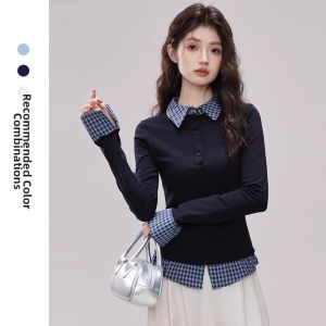 La Chapelle | Womens Polo Collar Fake Two-piece Checkered Long Sleeve Shirt