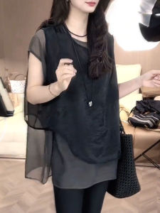 UYFY | Black Round Neck Sleeveless Casual Shirt Womens Summer New Fashion Loose Slimming Casual Commuting Top Polyester Fiber