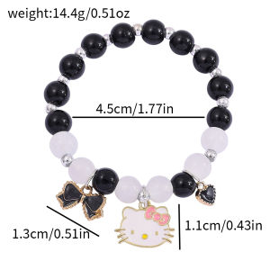 Sanrio | Hello Kitty Beaded Stretch Bracelet Zinc Alloy Charm with Black & White Beads Bow & Heart Accents for Sanrio Fans