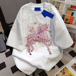 FLICBS | Oversize 300 Pounds American Style Small Horse Flowers Imitation Embroidery Short Sleeve T-Shirt