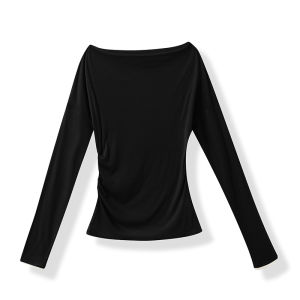 Áo Len Dệt Kim Cổ Chữ V Hở Vai Thanh Lịch Bằng Lông Cừu Có Thể Giặt Được Cho Nữ Mùa Thu 2025 Dài Tay Ôm Vừa Vặn