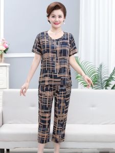 Summer 2023 New Cotton Silk Moms Wardrobe Set for Middle-aged and Elderly Women Home Clothes Cool Artificial Cotton Thin Top