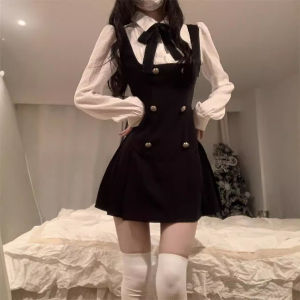 ชุดเดรสแขนยาวผ้าโพลีเอสเตอร์ทรงเอเอวกลางสไตล์ฝรั่งเศสสำหรับผู้หญิง ฤดูใบไม้ร่วง 2024 ชุดเดรสหวานๆ กระชับสัดส่วน ชุดสองชิ้นปลอม