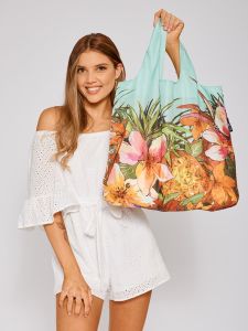 กระเป๋าซิปขนาดใหญ่ EnviroSax กระเป๋าซิปแบบสะพายไหล่เดี่ยวสีชมพูดอกไม้ กระเป๋าช้อปปิ้งผ้าใบผ้าไนลอนที่ทนทานและยืดหยุ่นสำหรับเดินทาง